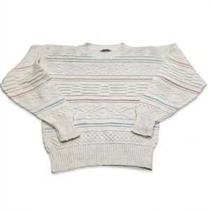 VTG 90s Private Club‎ Sweater Mens Medium White Cotton Knit Pastel Striped USA